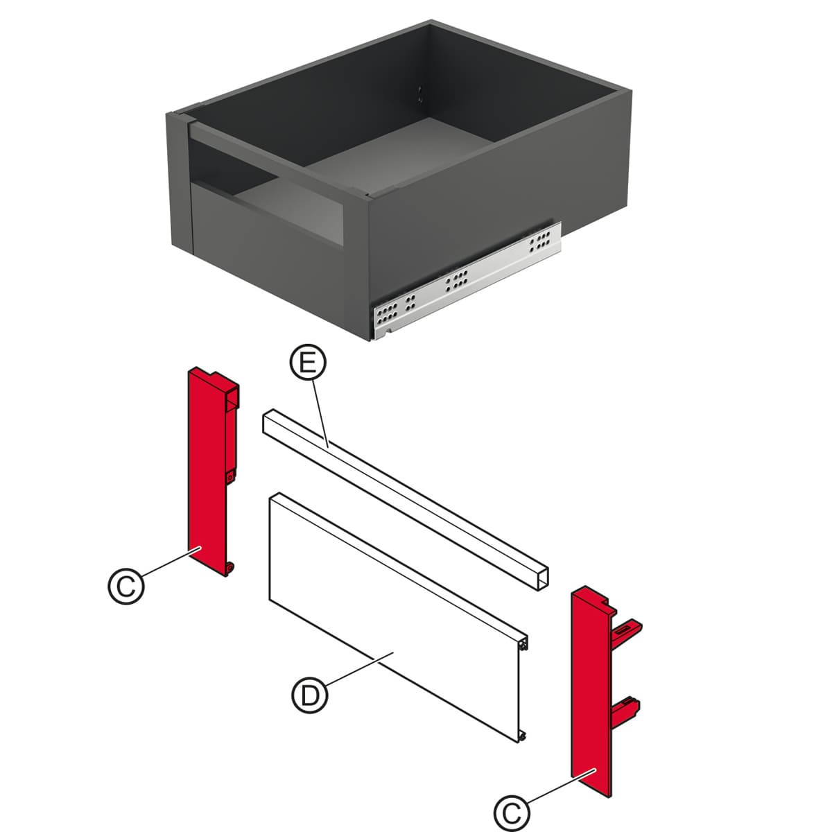 Bas liên kết ray hộp âm Hafele Matrix Box Slim A 175mm xám 552.31.592