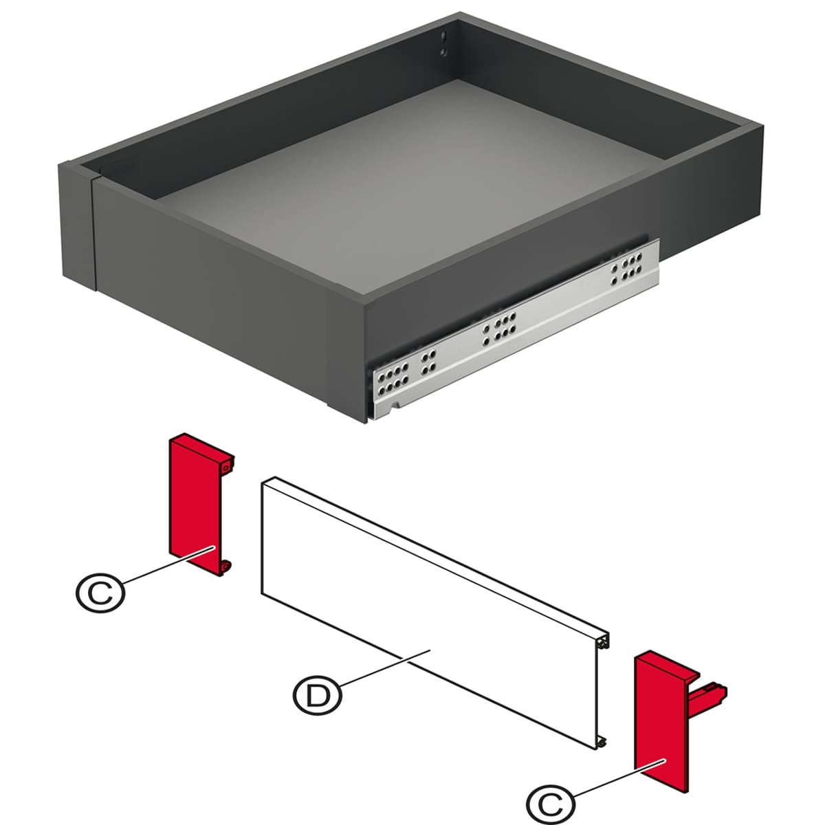 Bas liên kết ray hộp âm Hafele Matrix Box Slim A 89mm xám 552.31.590