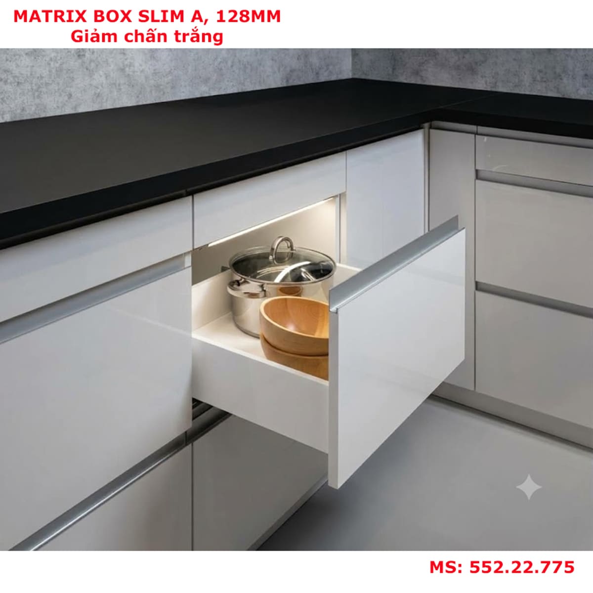 Ray hộp giảm chấn Hafele Matrix Slim A 128mm trắng 552.22.775