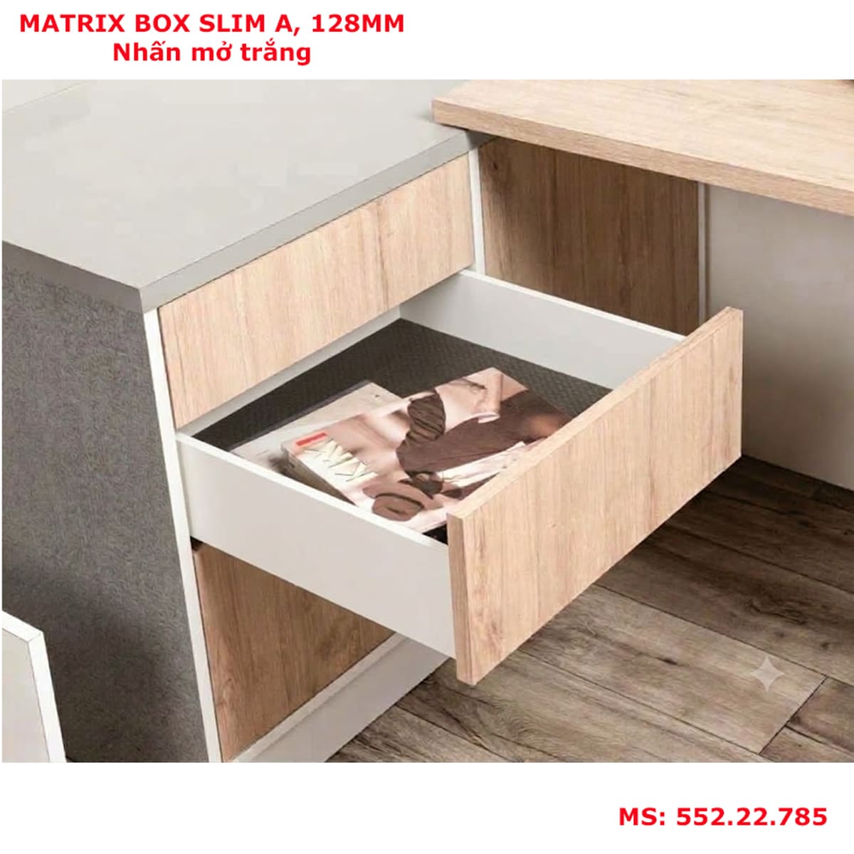 Ray hộp nhấn mở Hafele Matrix Slim A 128mm trắng 552.22.785